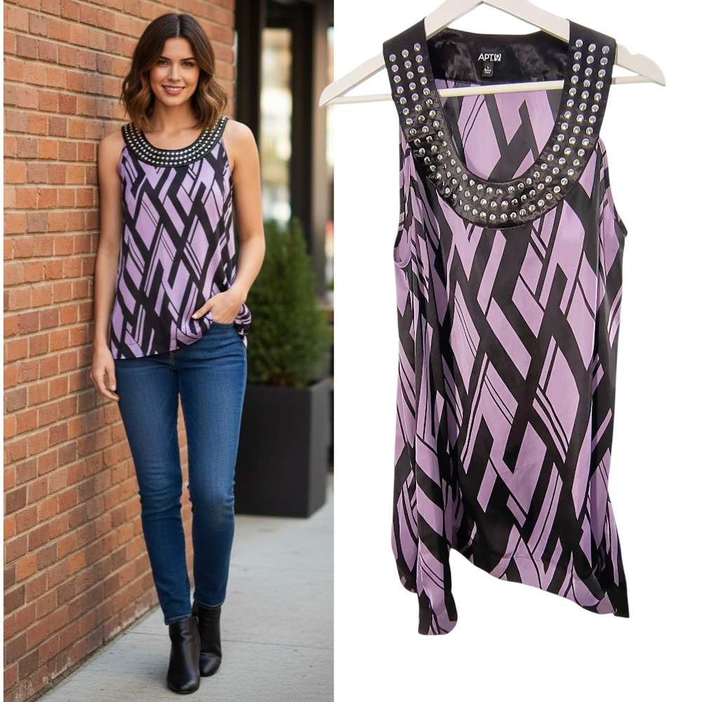 Apt. 9 Silky Beaded Blouse Wmn's Sz L Purple Black Geometric Asymmetric Hem Top